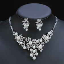 White Faux Pearl Crystal Leaf Flower Choker Necklace Earrings Wedding Bridal Set
