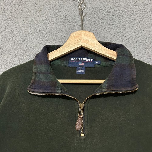 Vintage Polo Sport 1/4 Zip Sweatshirt Men XL Loose Green Plaid Collar Pullover - Picture 3 of 8