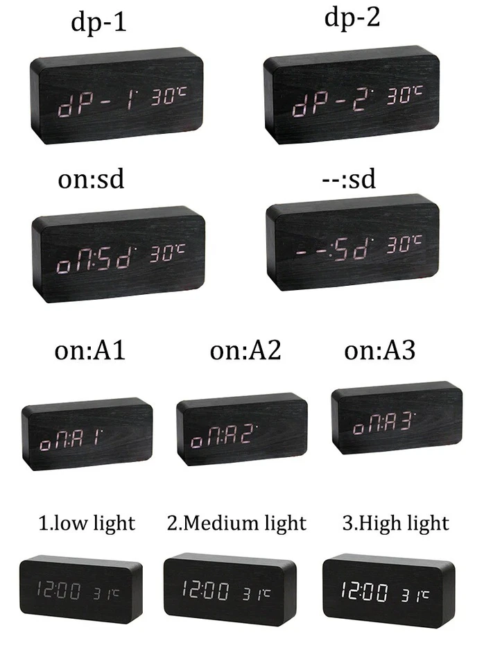 Madera Moderna Madera Digital LED Escritorio Despertador Termómetro Cargador Foto 4 de 4