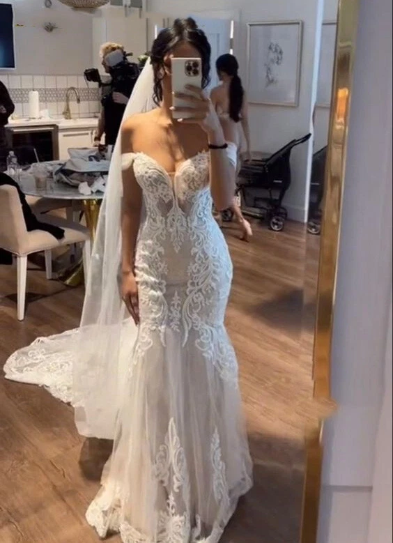 Русалка белый свадебные платья с плеча кружева аппликации богемное свадебные платья - Изображение 2 из 4
