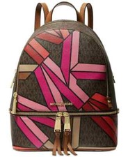 Michael Kors Rhea Brown leather Multi MK Signature Logo Backpack Travel Bag nwt