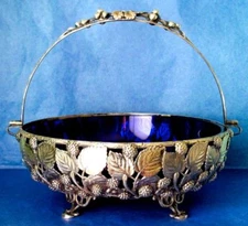 Berndorf Austria Antique Art Nouveau SP Bridal Basket Cobalt Blue Glass ca. 1880