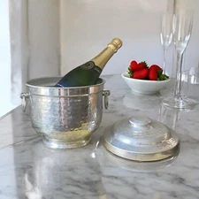 Vintage Aluminum Ice Bucket MCM Made In Italy Removable Lid Ring Handles 