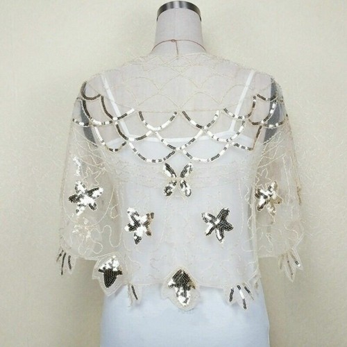 Sequins Lady Retro Cape Sheer Lace Shrug Bolero Shawl Evening Prom Cardigan Chic - Picture 7 of 14