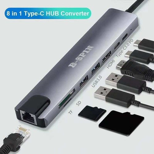 8 in 1 USB-C HUB Type-C USB Multi 3.0 4K HDMI RJ45 Ethernet Micro SD TF OTG - Picture 2 of 11