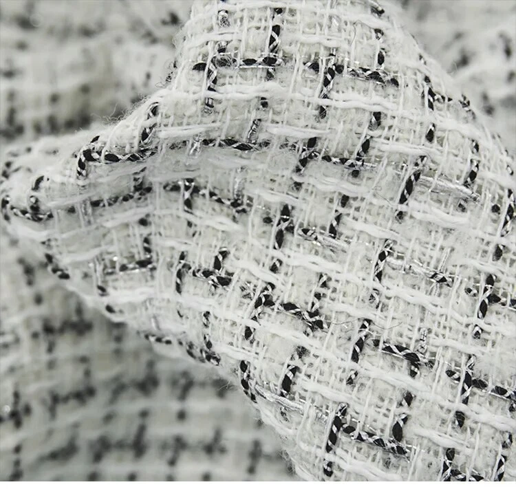 Tela de tweed tiene tejido de hilo negro para suite, chaqueta, uso diario por yarda Foto 2 de 4