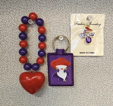 Red Hat Society  embroidered key chain holder, pin and bracelet lot