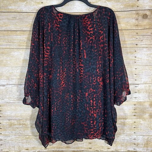 Jennifer Lopez Red & Black Embellished Animal Print Batwing Top L Blouse V Neck - 第 4/9 張圖片