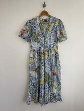 Nobodys Child Dress Size UK 10 Starlight Linen Midi Blue Fruit Greek Holiday