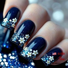 Medium Square Fake Nails with White Flower Design - Blue Press on Nails