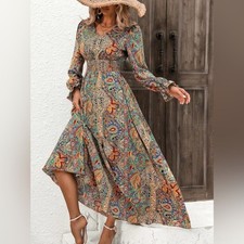 Boho Paisley Floral Colorful Maxi Dress S Long Slv Elastic Waist Blogger Modest