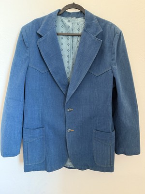 Circle S Western Denim Sports Coat Jacket Men s 46R Yellow Stitching Vintage