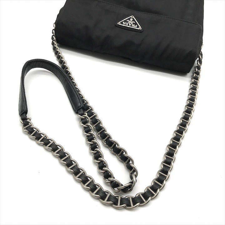 Good Condition PRADA Nylon Tessuto Triangle Logo Plate Chain Shoulder Bag Black thumbnail 6