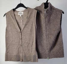 M&S Women's Size XS Sleeveless Cardigan 2Pcs Brown Full Zip & Buttoned Wool New
