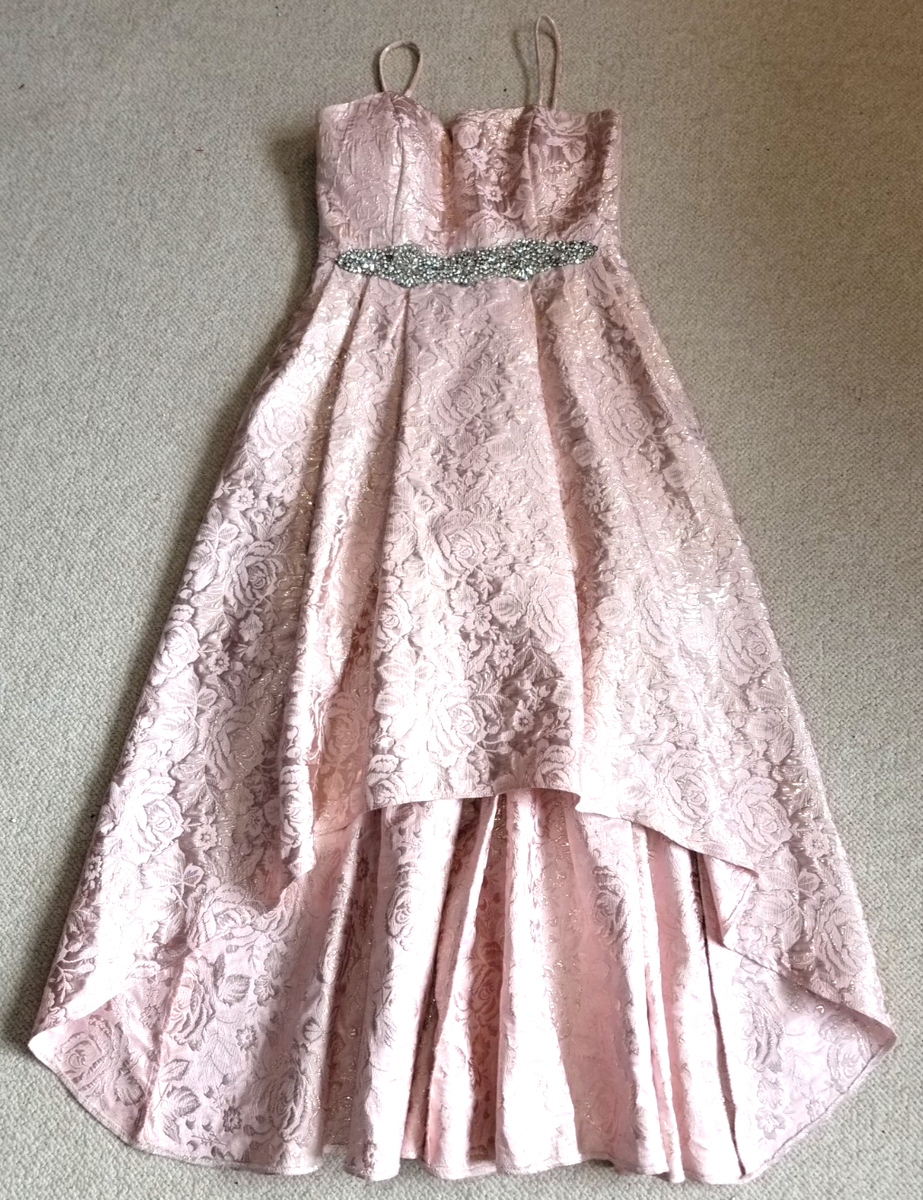 Womens Dress-CACHET-pink floral brocade metallic beaded hi-low