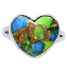 Heart Blue Turquoise in Green Mohave 925 Sterling Silver Ring Size 10 USA
