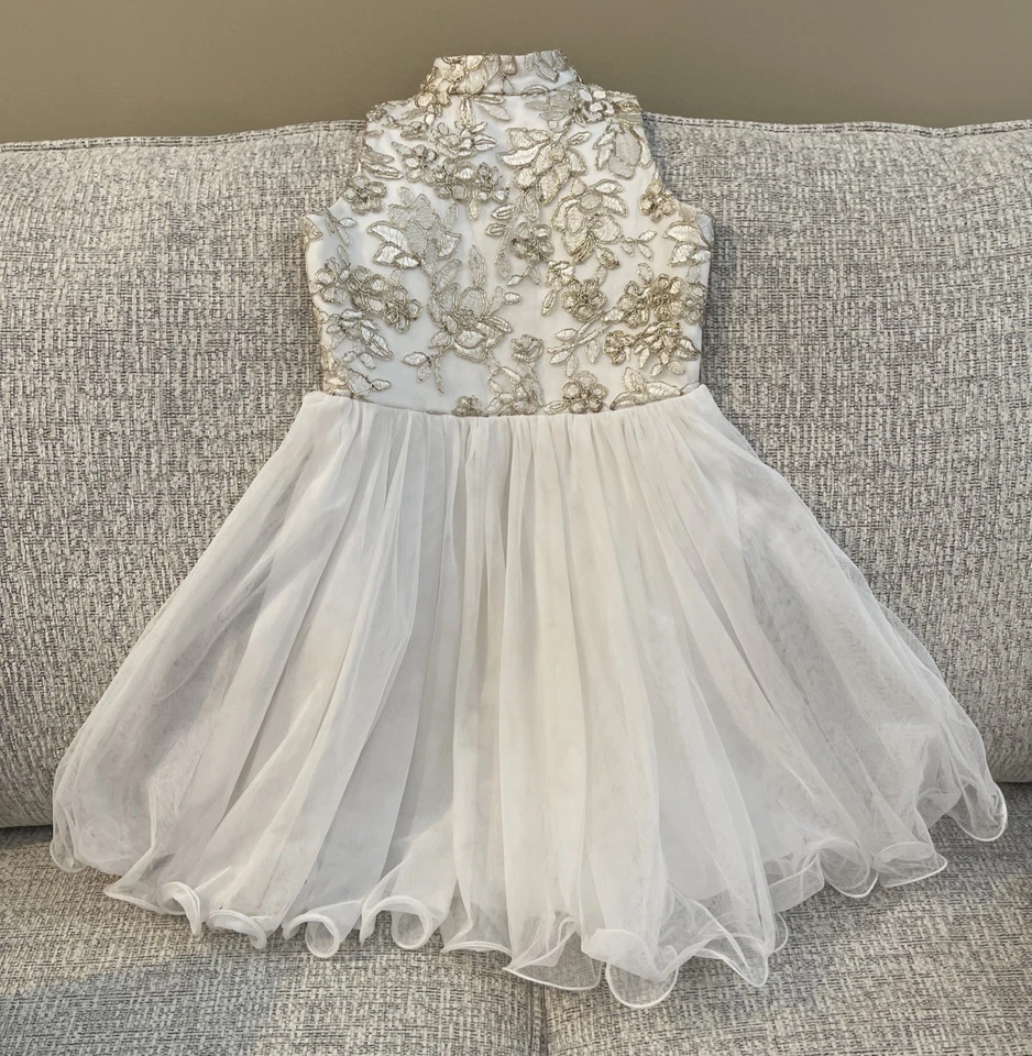 Vestido formal blanco floral de encaje con falda de tul/chaleco de piel sintética talla 8 Foto 2 de 4