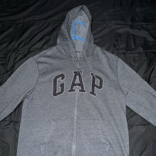 Gap Men's Gray Full Zip Hoodie L Cotton Blend Fleece Logo Pockets Hood