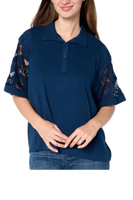 LOGO Lavish by Lori Goldstein Women's Cotton Polo Top w Lace Indigo