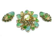 Vintage JULIANA Green Givre Rhinestone Brooch Earring Set