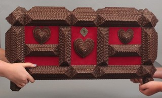 Huge Antique 19thC Folk Art Chip Carved Wood Folk Art Tramp Art Heart Box Chest