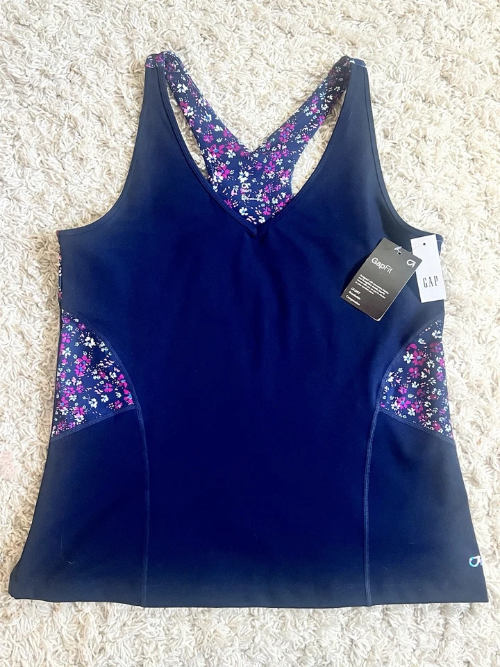 女士 GAP GapFit V 领赛车背部主动压缩背心,蓝色花卉,XL — 第 4/4 张图片