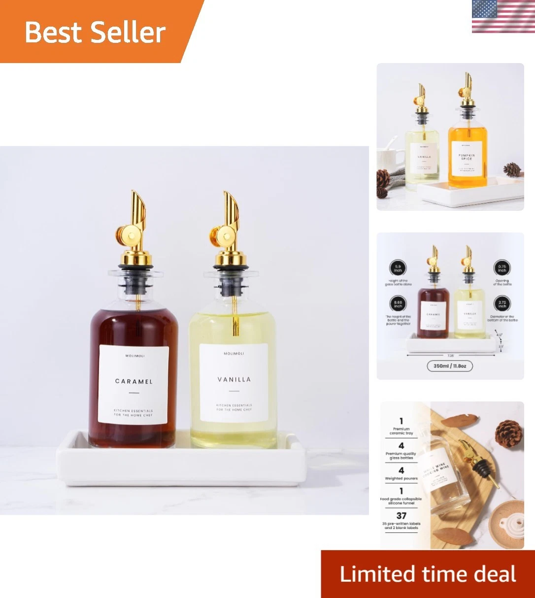 Stylish Olive Oil and Syrup Dispenser Set with 350ml Capacity & Gold Accents