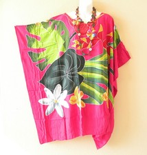 LT117 Flowers Batik 38" Hand Painted Plus Dolman Abaya Midi Dress / Long Top