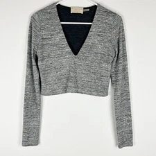 Alice + Olivia Jori Cropped Top Grey Long Sleeve V Neck Heather Designer 8