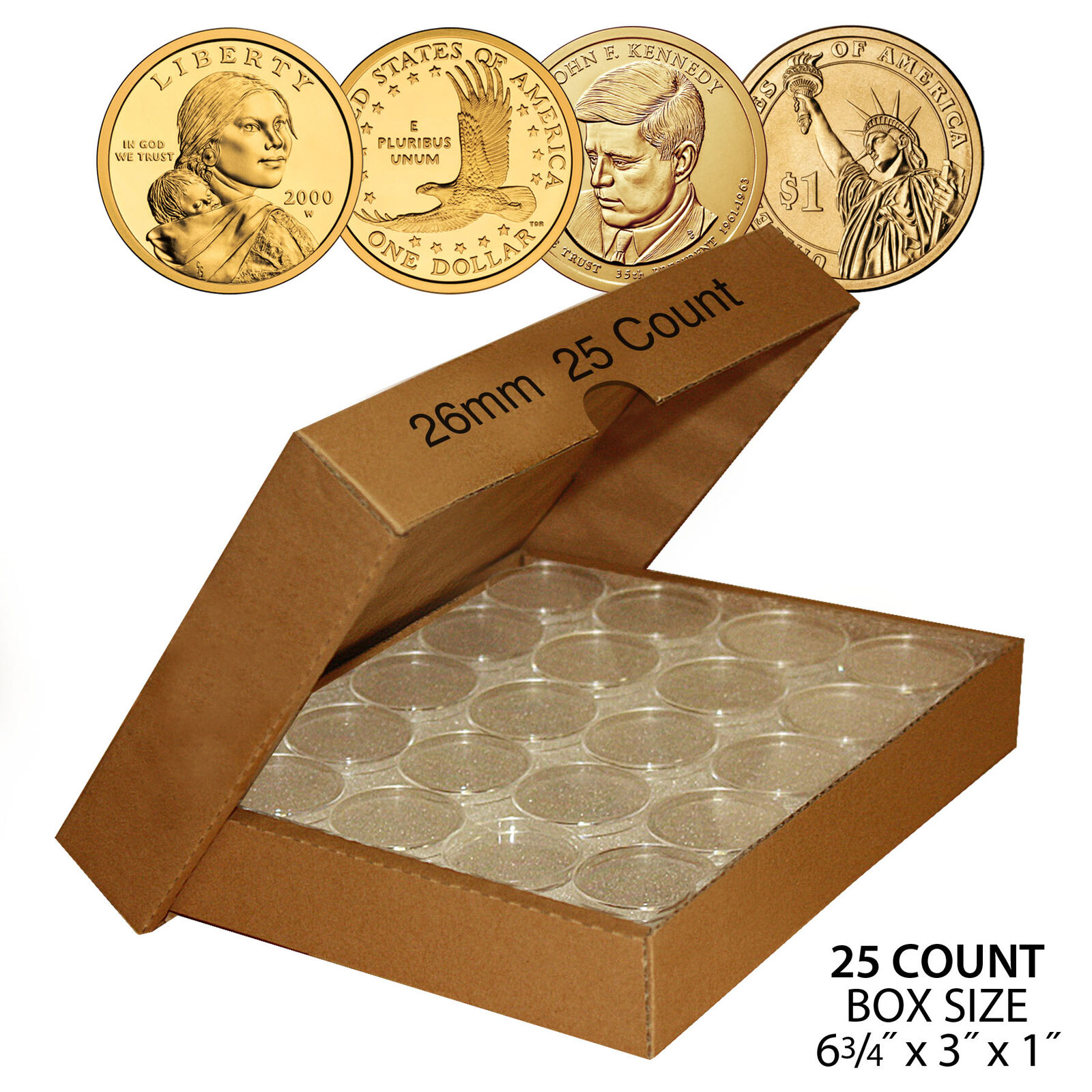 25 Direct Fit Airtight 26mm Coin Capsules For PRESIDENTIAL $1 /SACAGAWEA w/ BOX