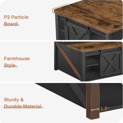 Lift Top Coffee Table with Sliding Barn Door &Storage Shelf, Square Coffee Table - Picture 3 of 7