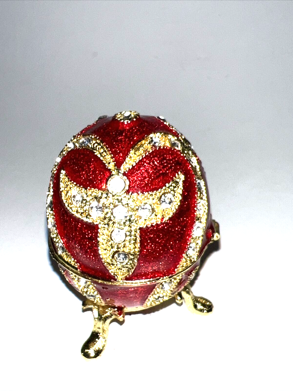 Vintage Christmas Egg Trinket Box with Enamel Red Gold Rhinestones Hinged Lid