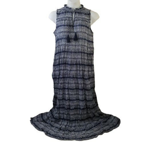 El Corte Ingles 2XL Dress Sheer Blue Stripe Keyhole Tassel Maxi Crinkle |  eBay