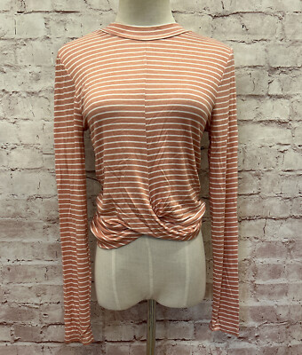 AMBIANCE Apparel Womens Shirt Long Sleeve Twist Hem Top Mauve Pink Stripe Size M