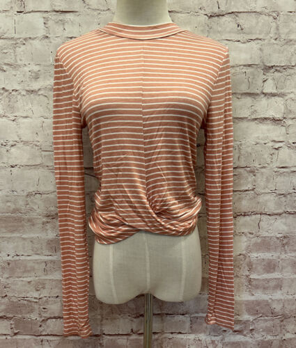 AMBIANCE Apparel Womens Shirt Long Sleeve Twist Hem Top Mauve Pink Stripe Size M