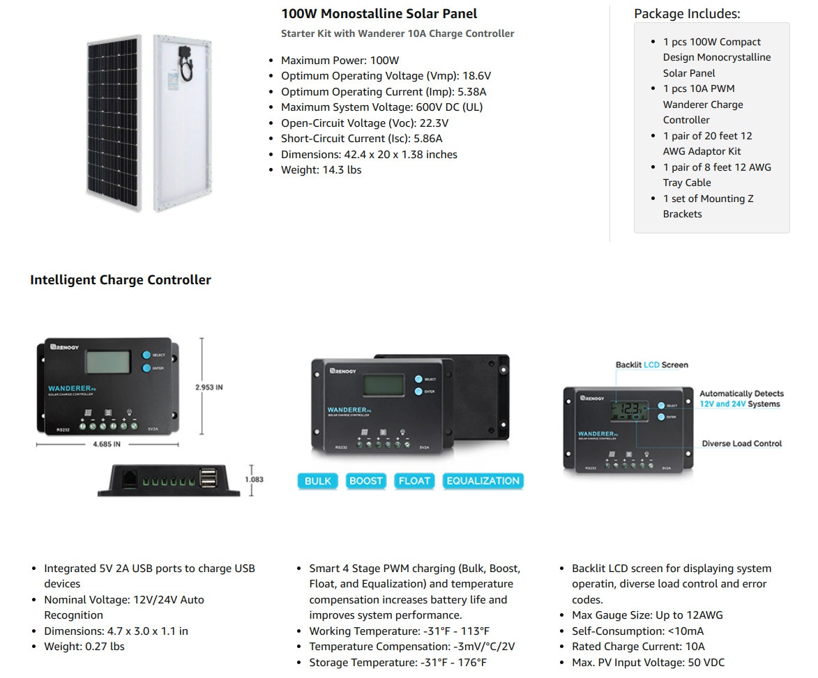 SOLAR STARTER Kit Renogy 100W 12V Monocrystalline w/Wanderer 10A CHARGER CONTROL
