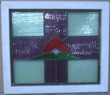 MIDSIZE OLD ENGLISH LEADED STAINED GLASS WINDOW. Abstract Cross Design 25" x 21.