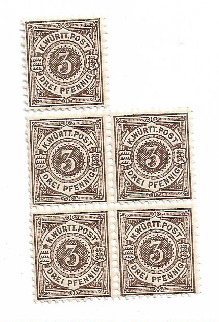 Germany Wuttemberg 1890 5x 3 Pf.  1890 Sc. #57 Brown (1x Blk of 4, 1x singl6-219 - Image 4 of 4