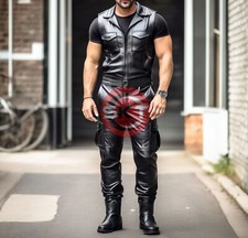 PARA HOMBRES GENUINO CUERO OVEJA MONO CATSUIT SIN MANGAS MONO NEGRO