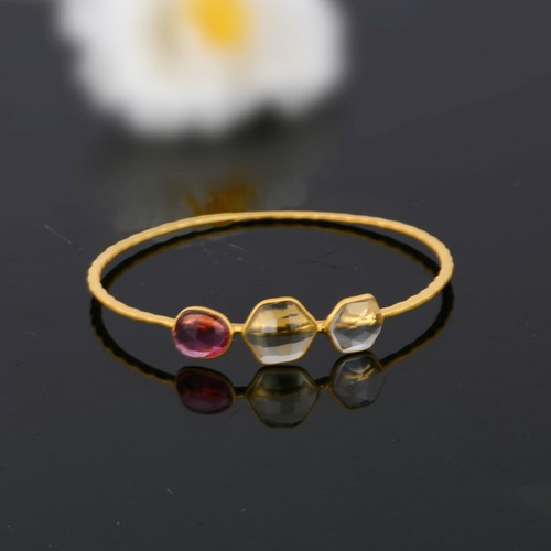 Handmade Multi color Bangle 18k yellow gold plated three stone unisex bracelet - Picture 2 of 9