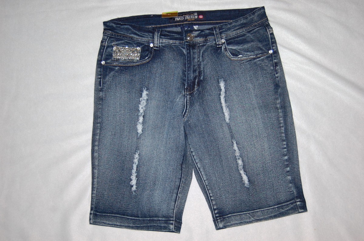 Womens 5 PKT BERMUDA SHORTS Rhinestone Bling DESTROYED Faded