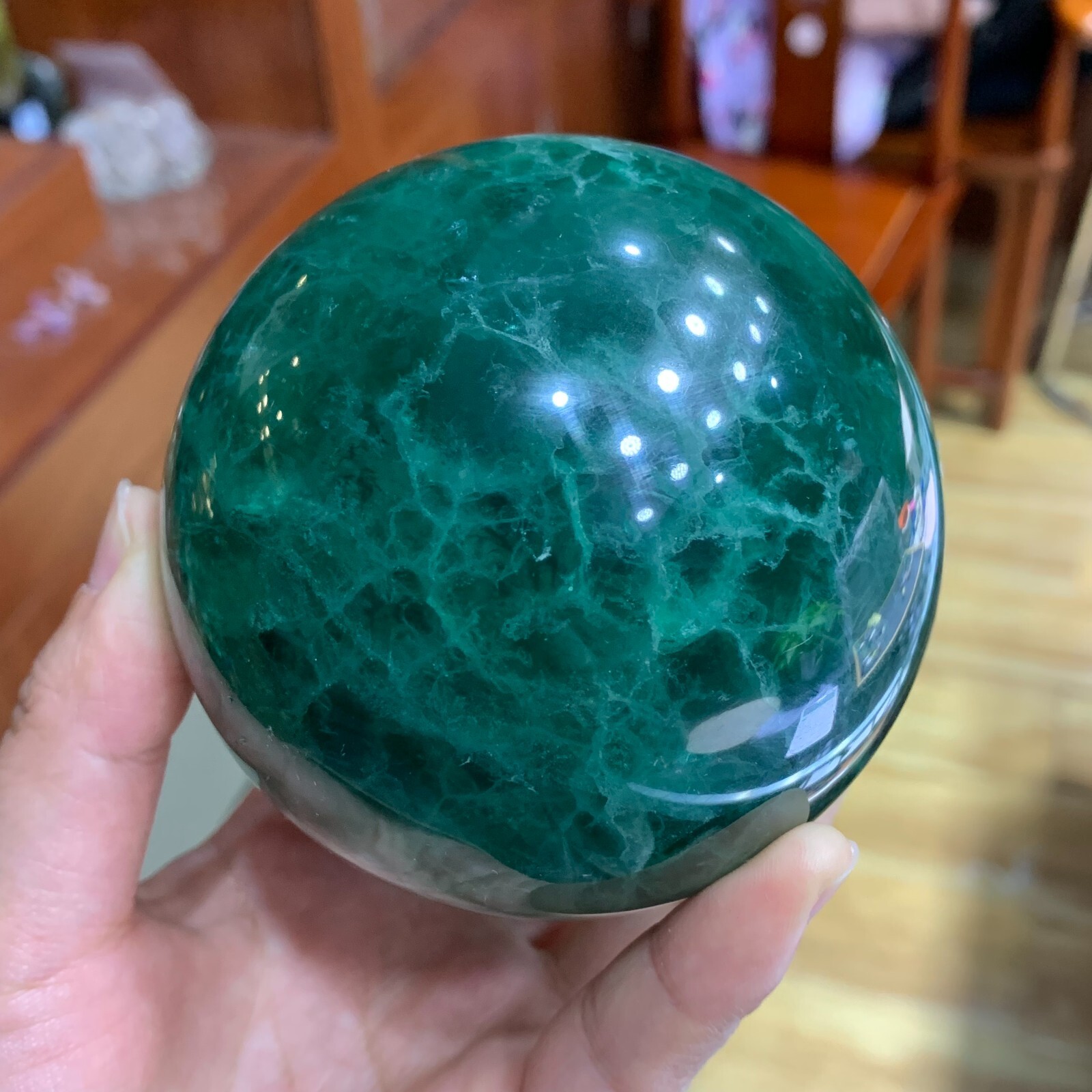 2.47LB Natural Green fluorite ball quartz crystal Sphere Reiki energy healing