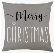 MERRY CHRISTMAS GRAY Linen Throw Pillow Cover 18x18 Winter Holiday Home Decor