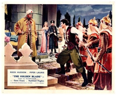 The Golden Blade Original Lobby Card Rock Hudson Knights holding swords 1953