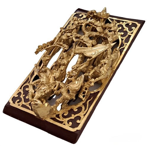 Vintage Chinese Hand-Carved Gilded 3D Lacquer Wood Wall Panel Battle Scene