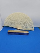 Vintage Chinese Folding Wooden Hand Fan in Original Glass Top Box