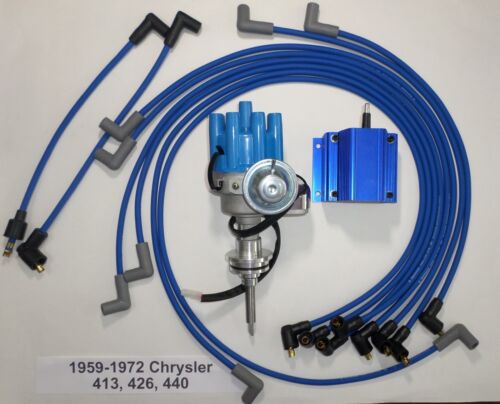 Chrysler 440 1959-72 azul pequeña tapa hembra distribuidor HEI + bobina + cables de bujía - Imagen 1 de 1