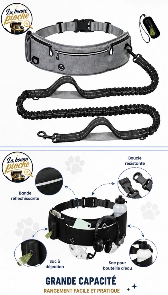 Laisse Mains Libres Jogging Chien Ceinture Lombaire160cm Grise Grande Race - Photo 1/2