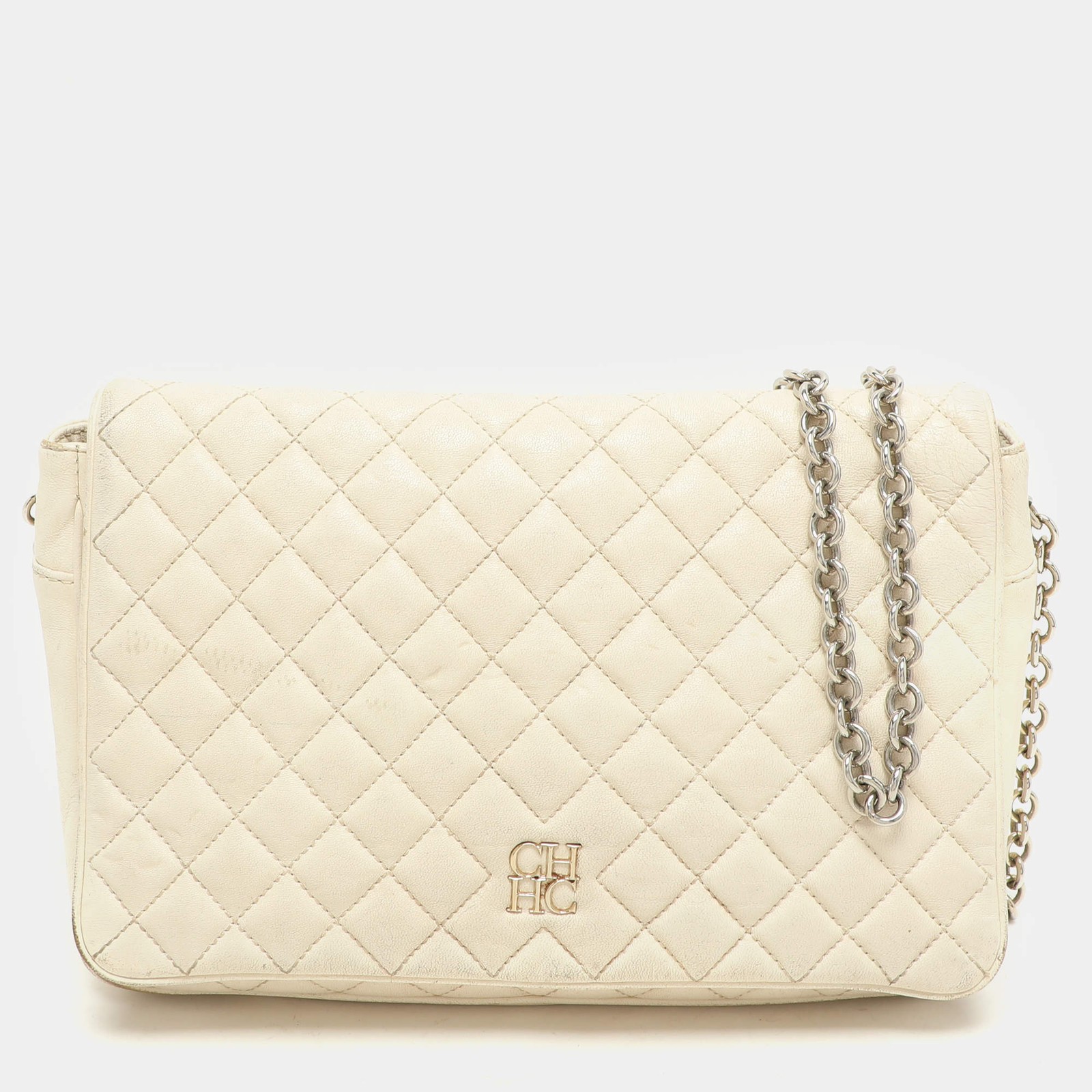 CH Carolina Herrera Cream Quilted Leather Flap Crossbody Bag