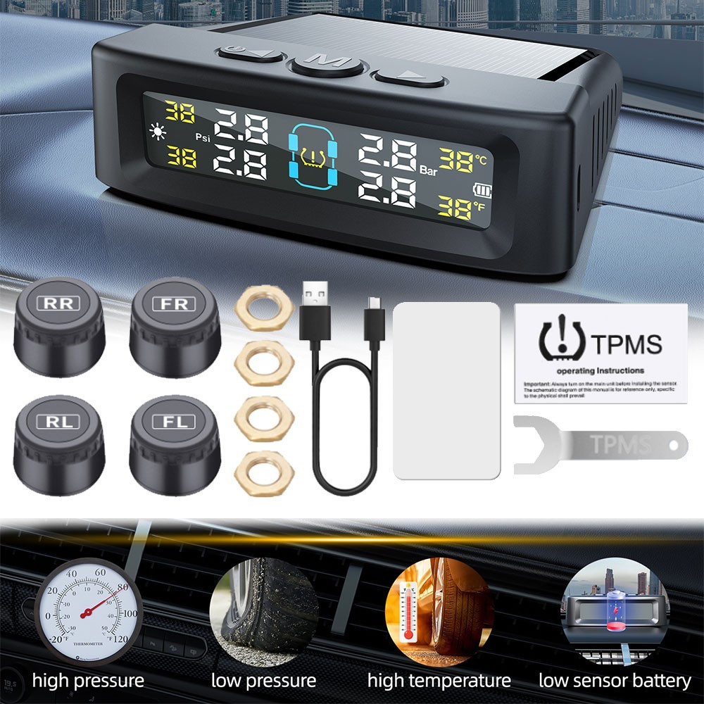 Wireless Car Solar TPMS LCD Tire Pressure Monitoring System+4 External Sensors